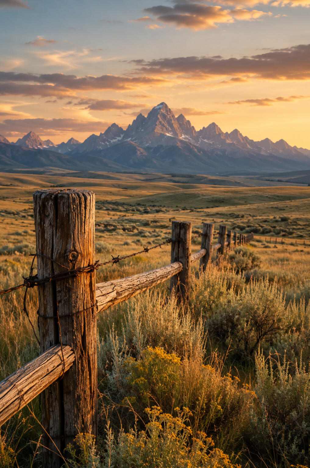 Wooden fence line across open Wyoming range with mountains in the distance.